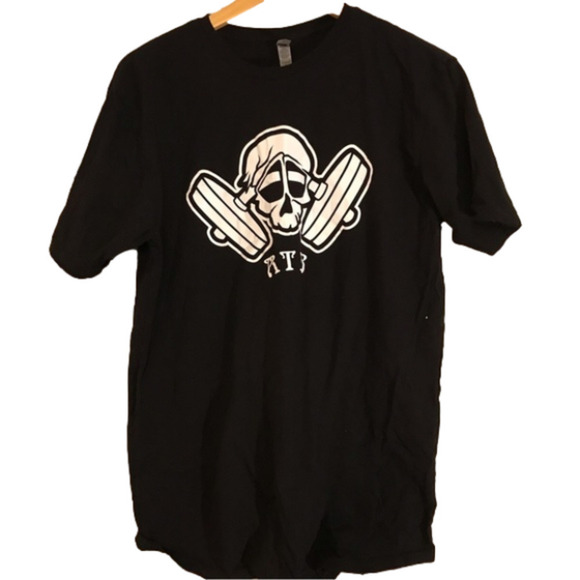 Men’s size large, black T-shirt with skull and dumbbell graphic.  Unisex. - Picture 1 of 3